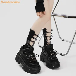 Heavy Metal Leather Shoes Lace Up Platform Ankle Boots Thick Sole Solid Rivet Buckles New Designer Women Shoes Autumn Party High