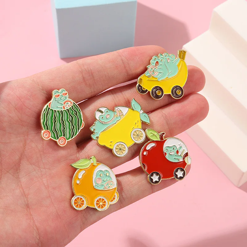 Lovely Frog Fruit Car Enamel Pin Custom Animal Banana Watermelon Fruit Brooches Lapel Badges Bag Cartoon Jewelry New Year's Gift