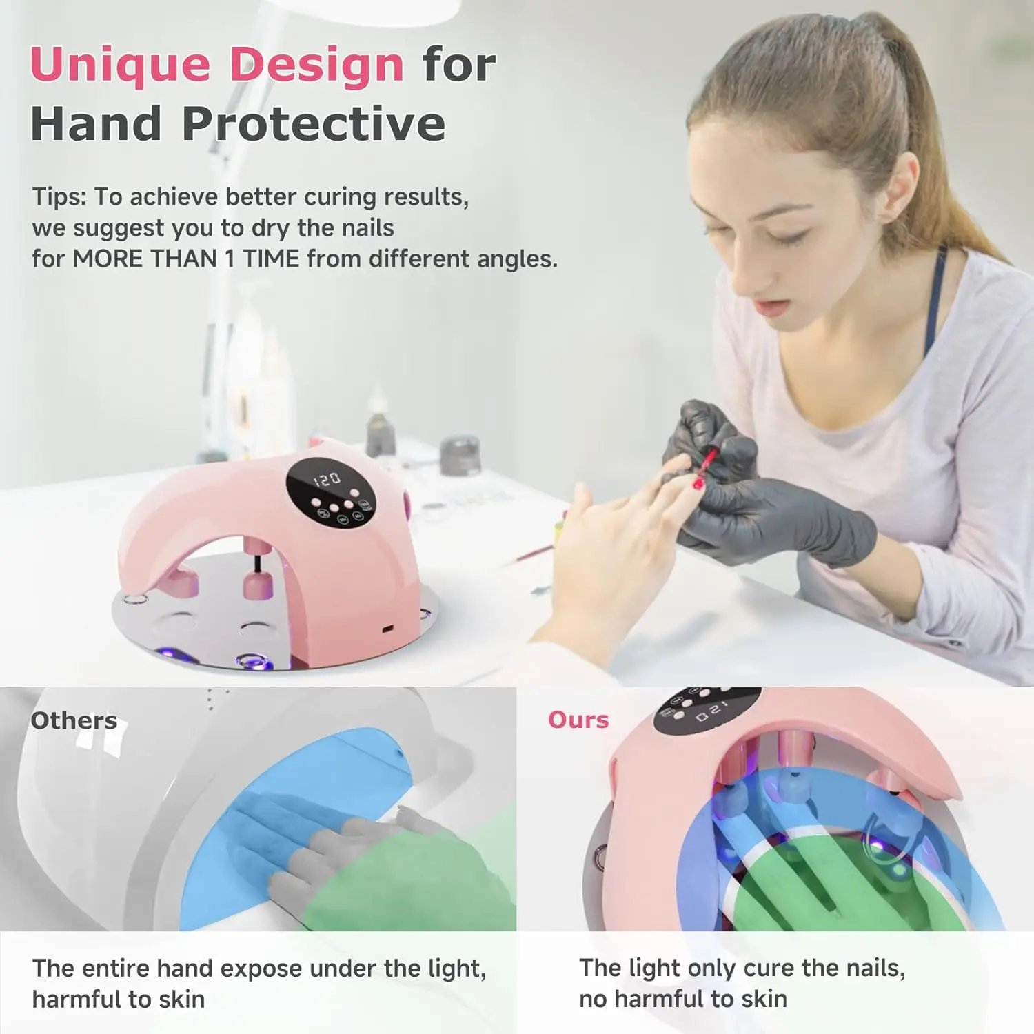 مصباح أظافر LED قابل لإعادة الشحن، مجفف جل بالأشعة فوق البنفسجية بقدرة 49 وات مع 4 إعدادات للمؤقت وزاوية قابلة للتعديل