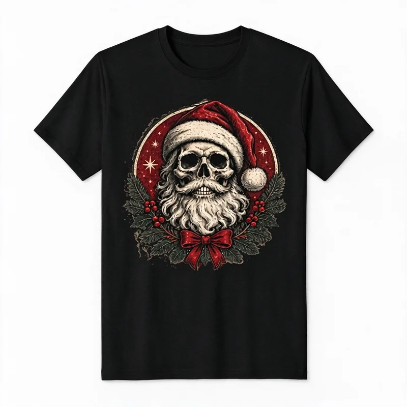 Dark Christmas Santa Skull T Shirt Women Holly Berry Wreath Santa Hat Skeleton Graphic Tee Cotton Holiday Gift Harajuku Y2k Top