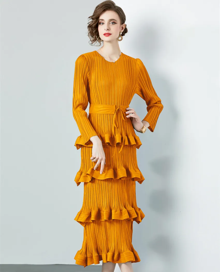 New Autumn Miyake Multi-Layer Cascading Cake Pleated Midi Dress Elegant Women O Neck Long Sleeve Lace Up Belt Party Clothing