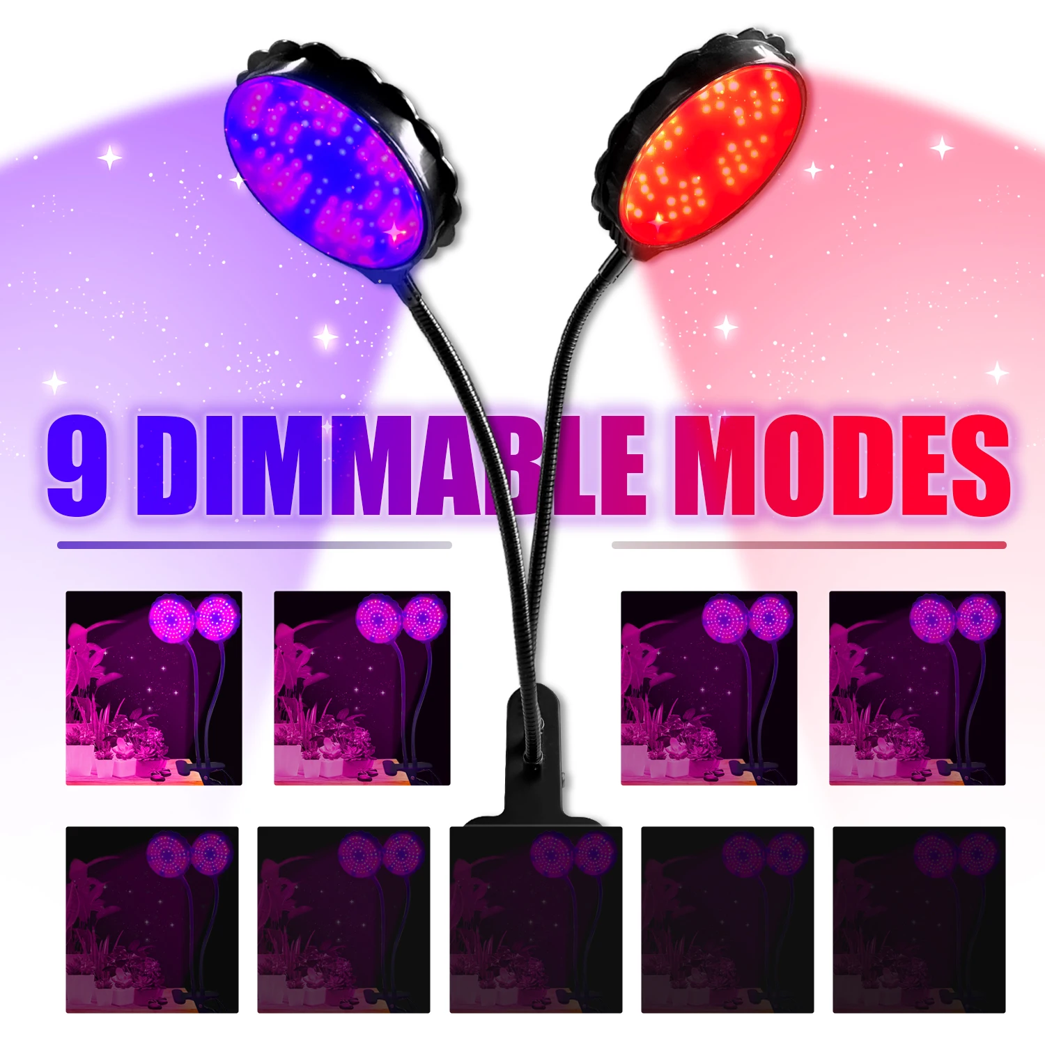 LED Grow Light Full Spectrum Dual Head Plant Light 78 LEDs 9 Dimmable Levels 3/9/12H Timer USB Clip Lamp for Indoor Plants