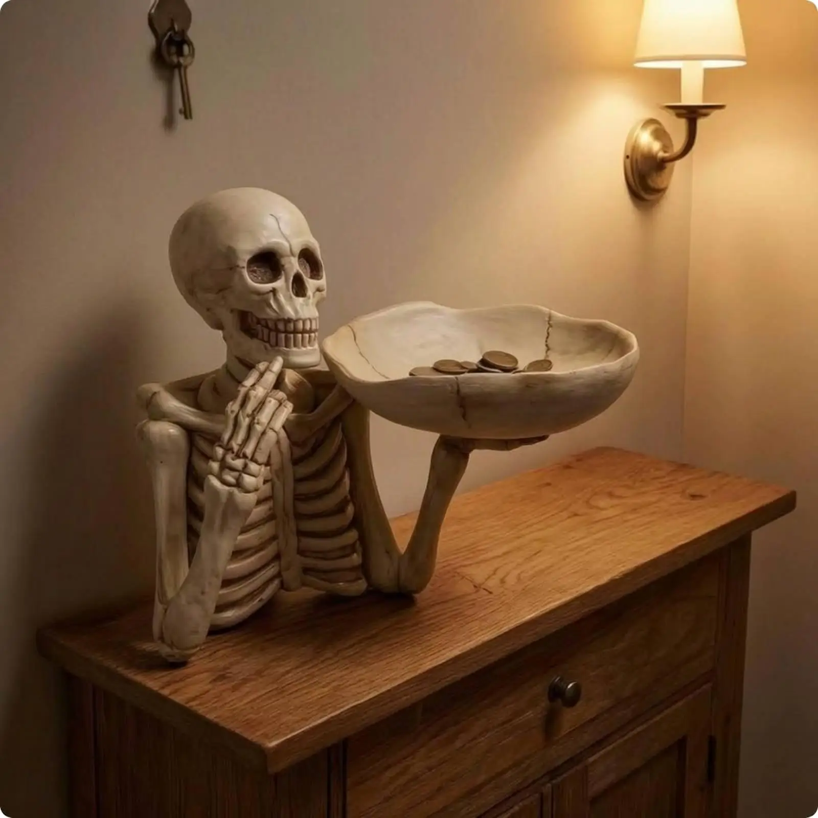 Skeleton Tray Aged Finish Structural Storage Tray Bone Colored Cranium Catchall for Entryway, Hallway