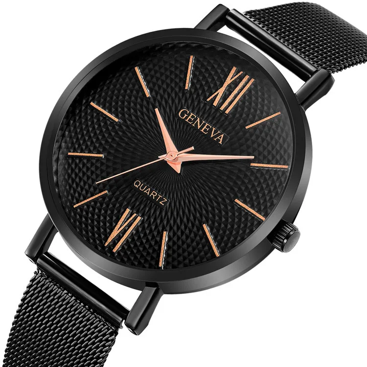 2021 New Geneva Watch Women Black Watches Stainless Steel Mesh Band Quartz Wristwatches Casual Ladies Watches Cheap Price