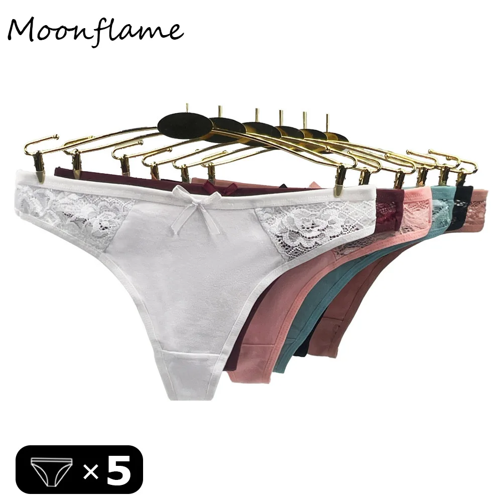 Moonflame 5 Pcs/Lots Lingerie For Women Low Rise Solid Color G Strings Sexy Lace Thongs Cotton Panties