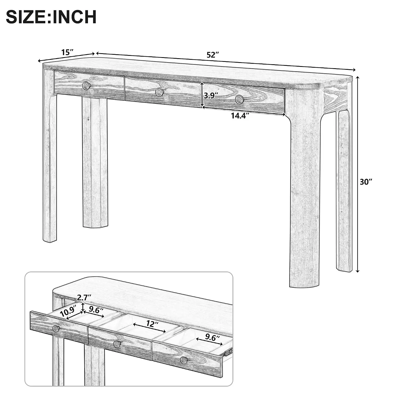 52'' Farmhouse Console Table with 3 Drawers, Rustic Entryway Table with Rounded Corners, Narrow Sofa Table Behind, Customized