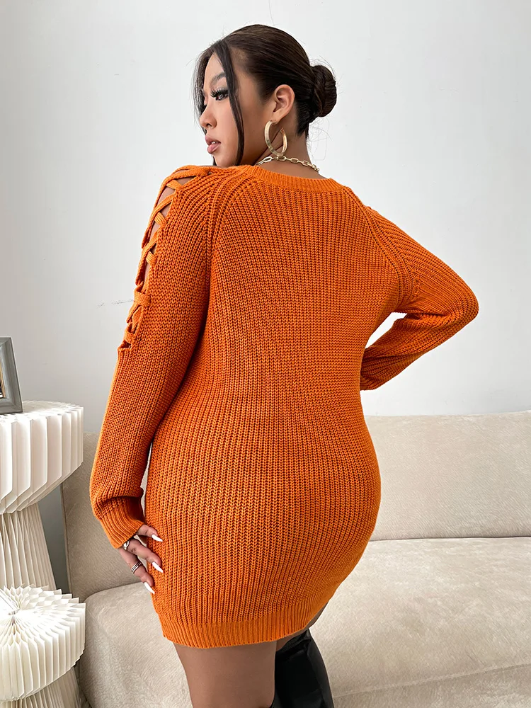 ONELINK Orange O Neck Sexy Hollow Out Lace Tie Up Long Sleeves H Shape Top Plus Size Women Mini Sweater Dress Knit Winter Outfit