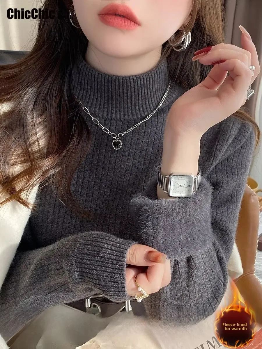 

Новый зимний свитер с высоким воротником, женский элегантный утепленный бархатный пуловер на подкладке, теплый вязаный пуловер Sueter, тонкие топы, трикотажный джемпер