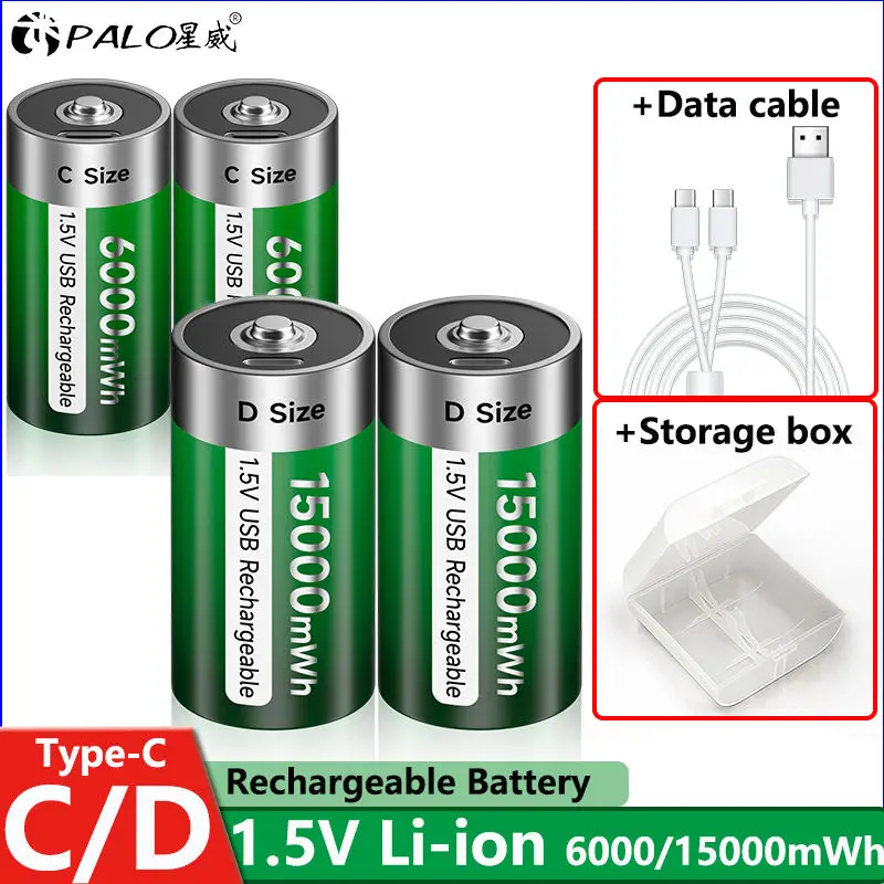 PALO 1,5 V, Größe D (LR20), 15.000 mAh; Größe C (LR14), 6.000 mAh; wiederaufladbare Lithium-Ionen-Akkus mit Typ-C-Schnellladefunktion für Taschenlampen und Gaskocher