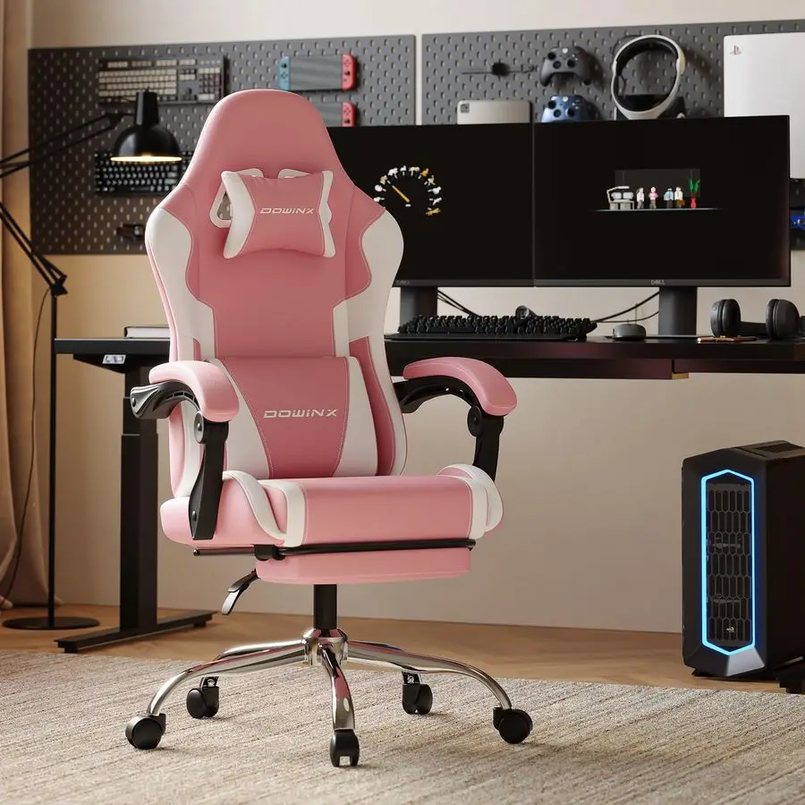 

Pink Gaming Chair with Footrest and Massage Lumbar Support, Ergonomic Reclining Computer Chair 330lbs with Adjustable Height