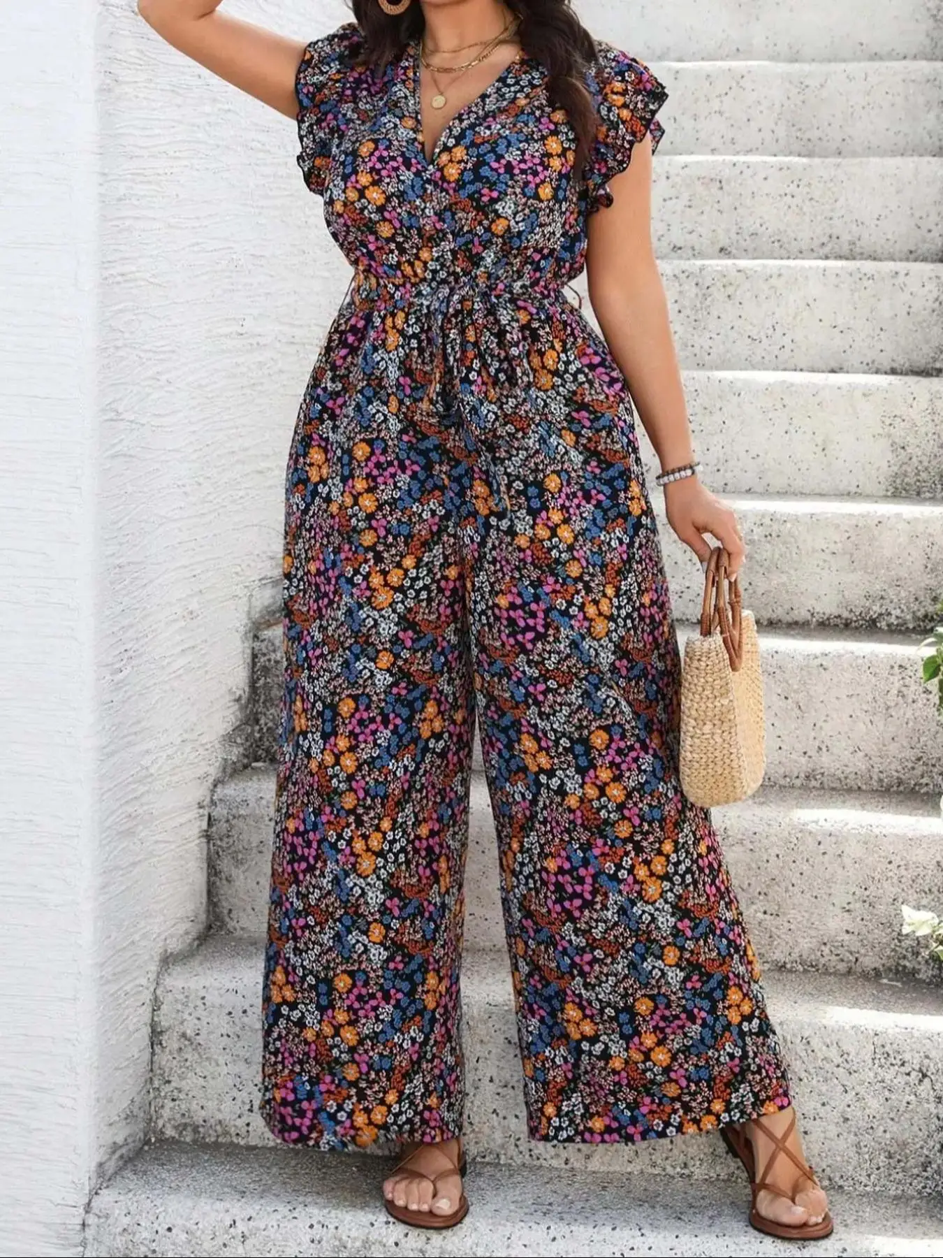 【Plus Size】 Floral Print Tie Shoulder Jumpsuit, Boho Casual Wide Leg Jumpsuit for Vacation Holiday, Women's Plus Clothing for Su