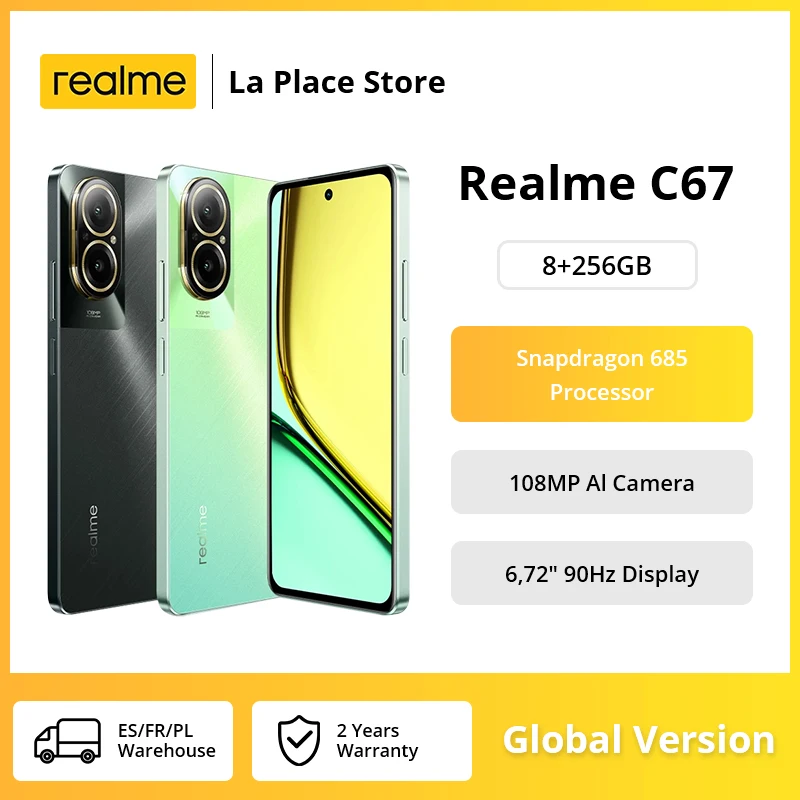 Realme-C67 Snapdragon 685, processador Octa Core, câmera 108MP AI, 6,72 \'\', tela de 90Hz, carga SuperVOOC 33W, versão global