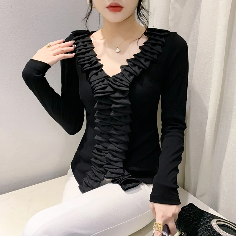 2024 New Spring Fall European Clothes Cotton T-Shirt Fashion Sexy V-Neck Patchwork Ruffles Women Tops Long Sleeve Tees 312082