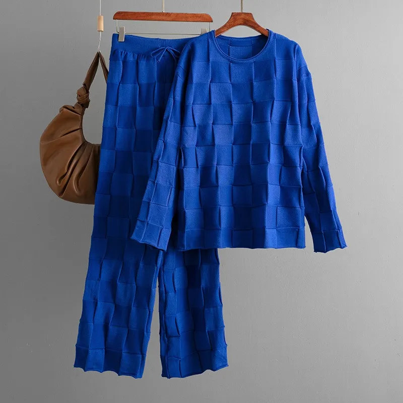

Spring Fashion Retro Sweater Suit Square Three-dimensional Knitted Sweater Long Sleeved Drawstring Wide Leg Pants Two-piece Set