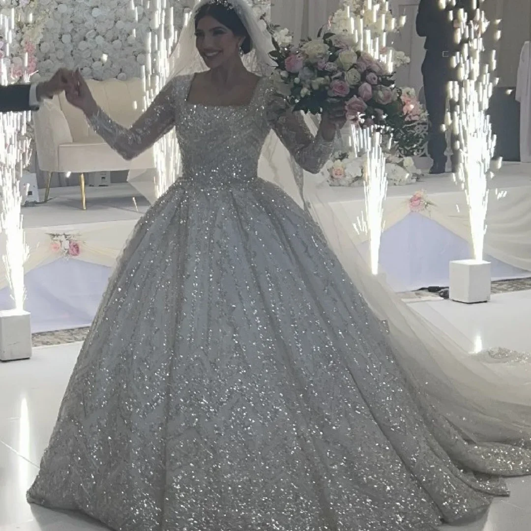 

Роскошная большая юбка по индивидуальному заказу, свадебные платья с длинными рукавами, вышивка бисером и блестками для свадебных платьев, Vestidos De Novia