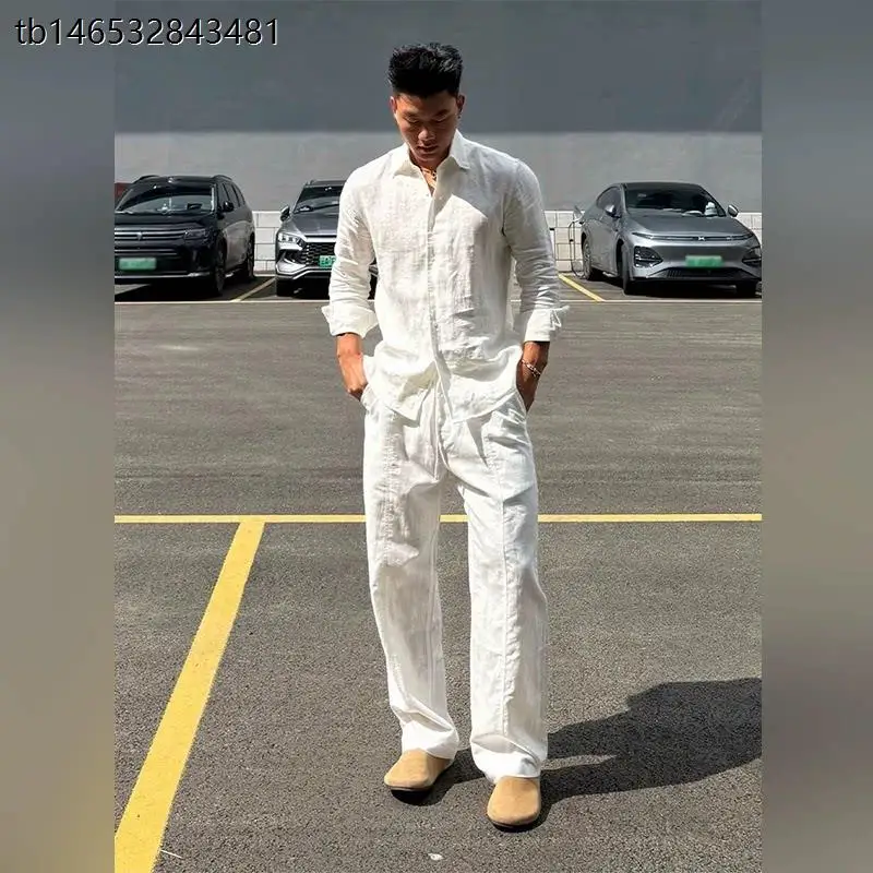 Slim Fit Cotton Linen Shirt Set Men's Thin Long Sleeve Sun Protection Breathable Linen Tie Rope Long Pants Two Piece Set