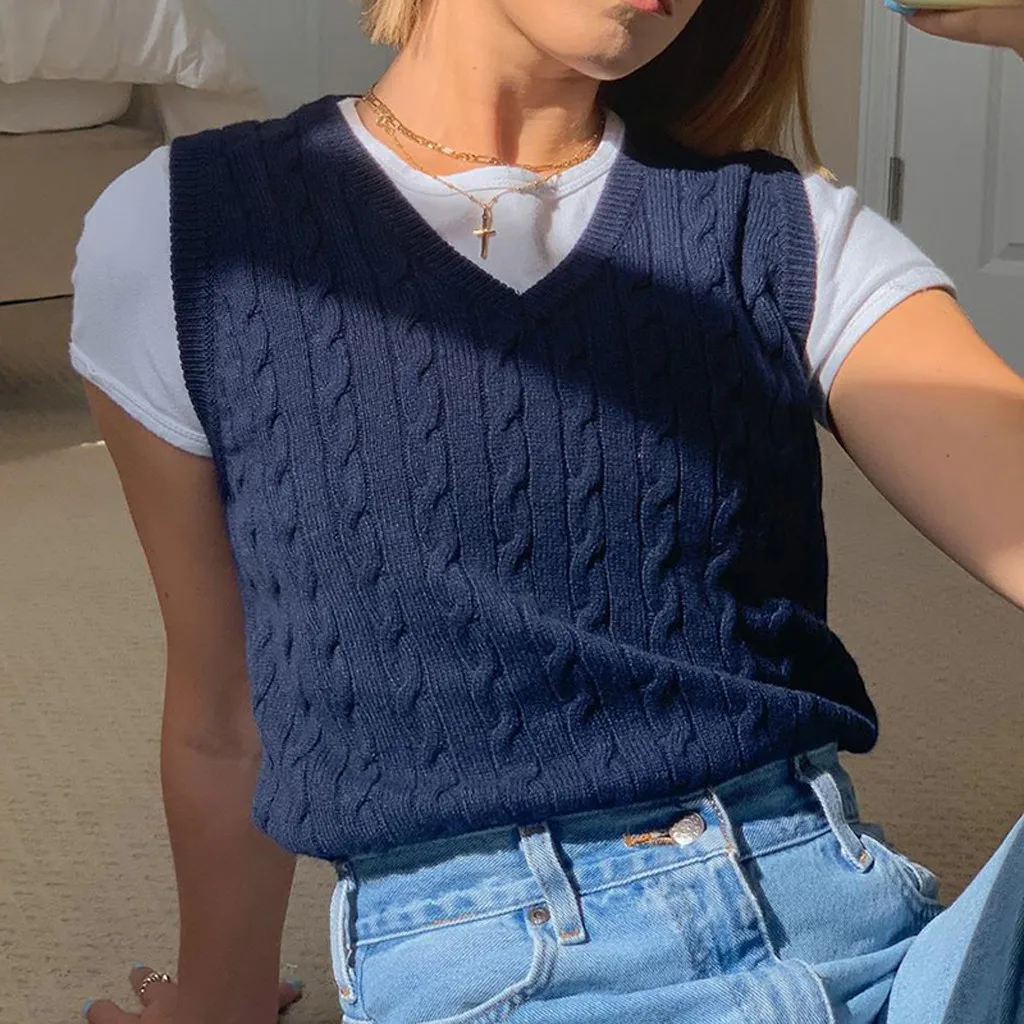 Women Sweater Vest Casual V-neck Retro Preppy Style Sleeveless Pullover Crop Top Oversize Sweater Knitted Sweater свитер женский