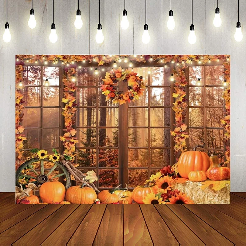 Fall Backdrop Autumn Forest Scenery Maple Leaves Pumpkin Photography Background Theme Thanksgiving Day Party Banner Birthday