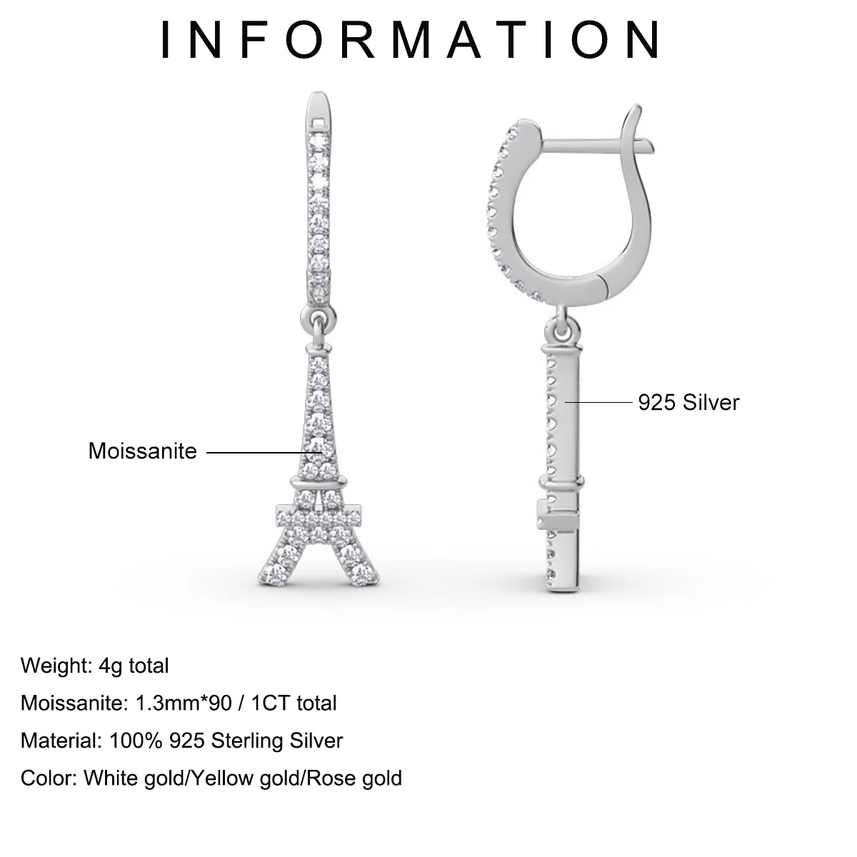 925 Silver 1CT Moissanite Solitaire Earrings For Women Eiffel Tower Dangle Earring Wedding Trendy Jewelry Engagement Wedding