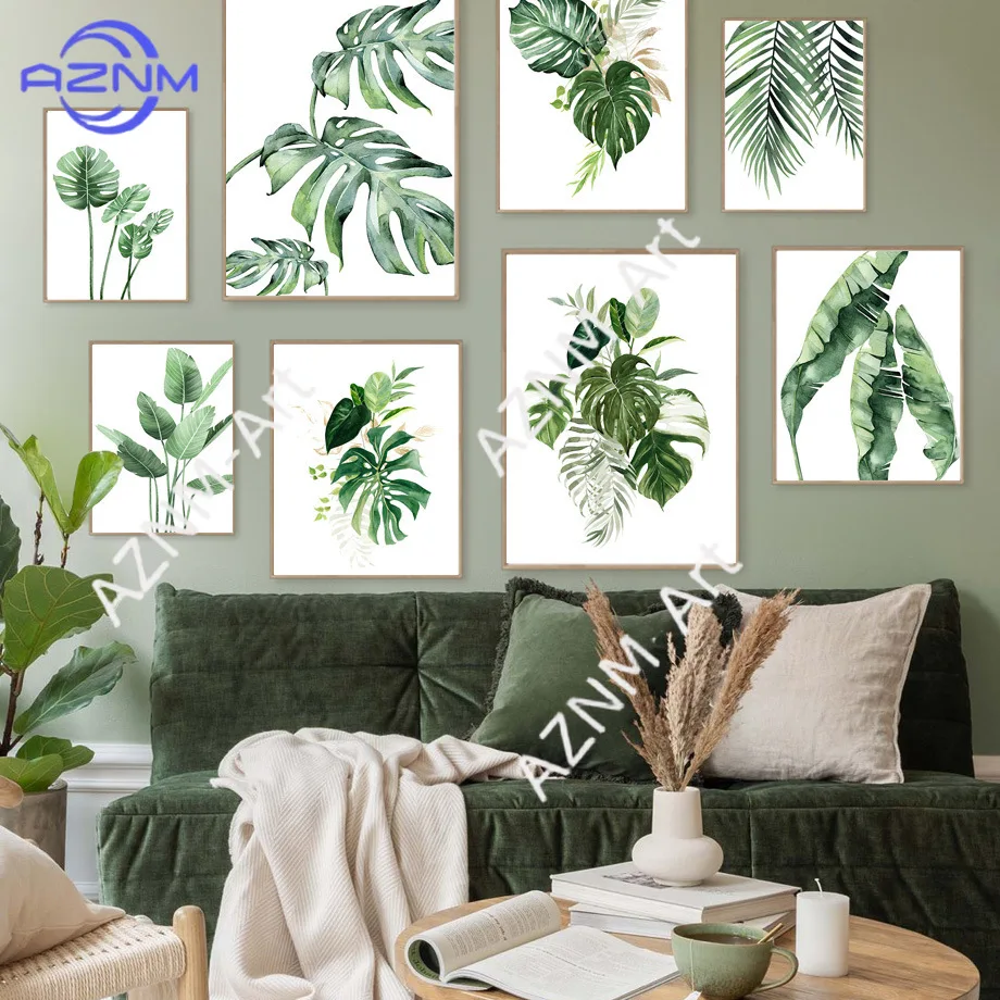 Cuadro decorativo verde para sala de estar, estilo nórdico, fresco y sencillo, con hojas de plantas verdes, para dormitorio.