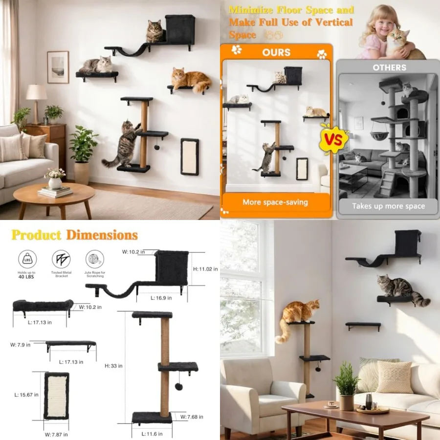5-in-1 Cat Wall Shelves for Indoor Cats, Wall Mounted Cat Furniture with Bed, Cave, Scratching Post and Perch, Multi-Level Cat