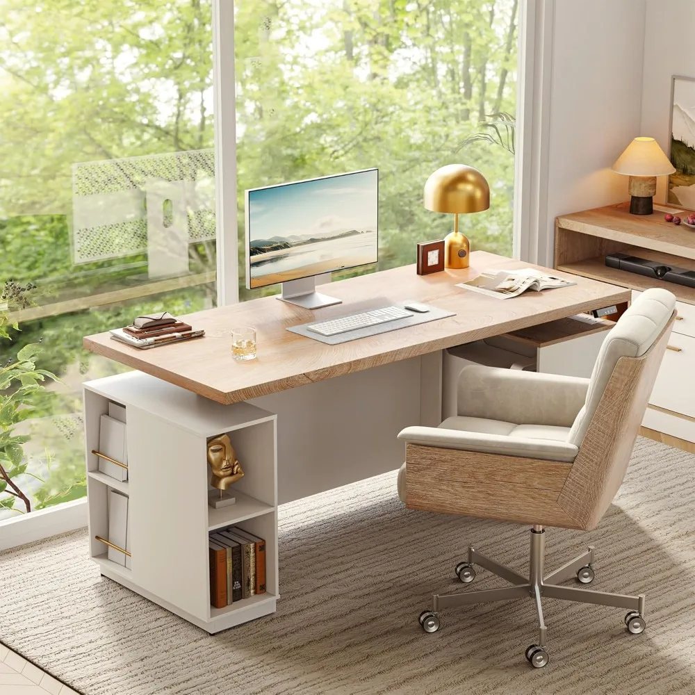 

71" Standing Executive Desk with Privacy Panel, Large One-Piece Electric Height Adjustable Stand Up Desk with Charging Station