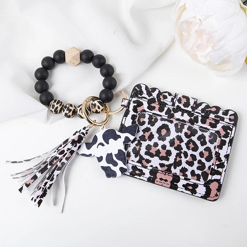 Fashion Silicone Beaded Bracelets Key Rings Leopard Print Card Holder Wallets Leather Tassel Keychains for Women Jewelry Gifts