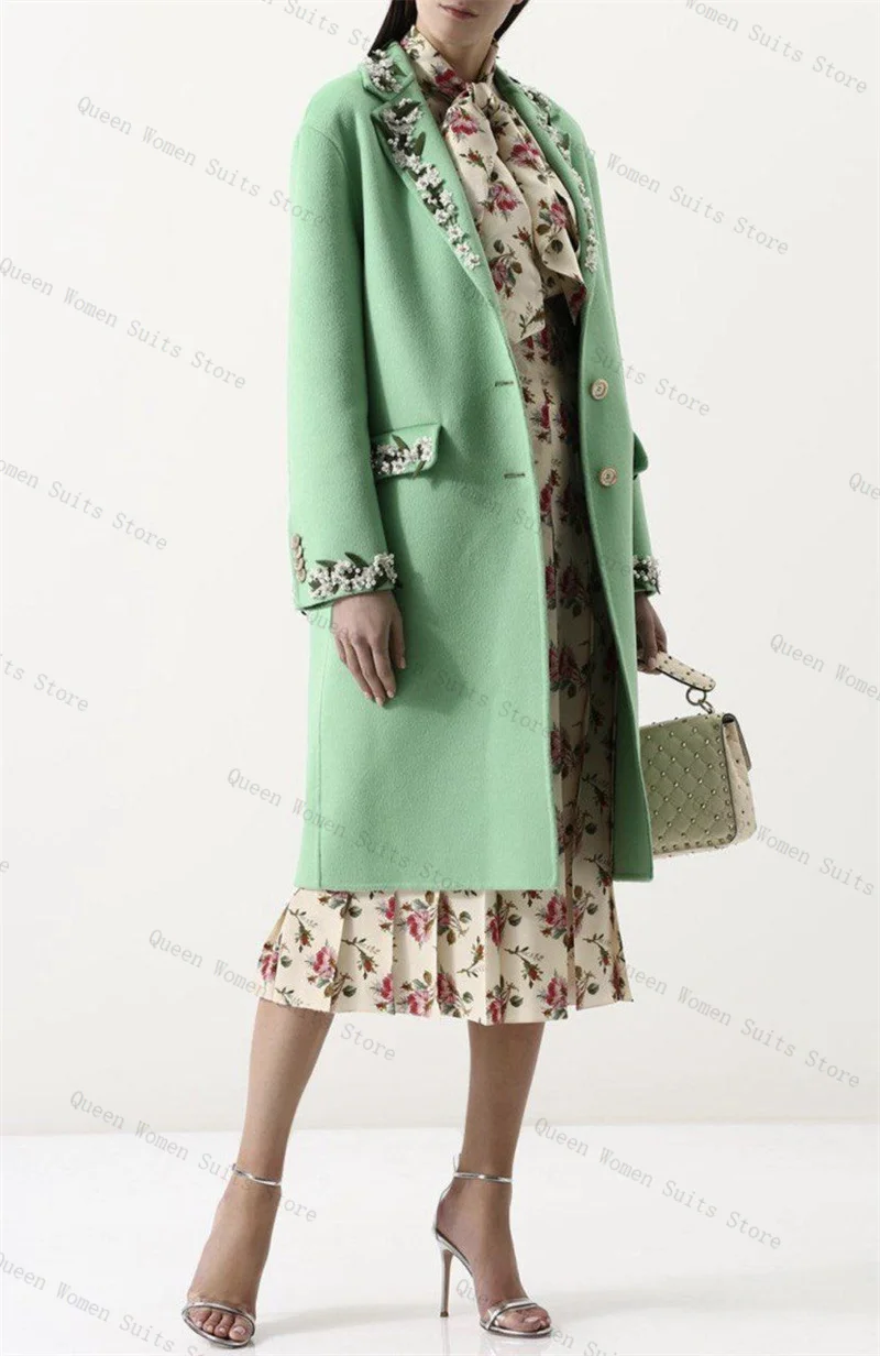 

Green Cashmere Women Suit 1 Piece Long Blazer Beaded Crystal Woolen Prom Dress Formal Office Lady Jacket Wedding Coat Customized