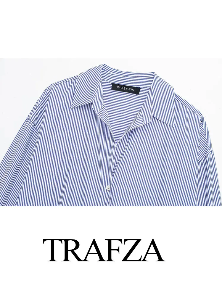 TRAFZA 2024 Spring New Women\'s Poplin Office Shirt Chic V Neck Single Breasted Elegant Women\'s Striped Casual Shirt Streetwear