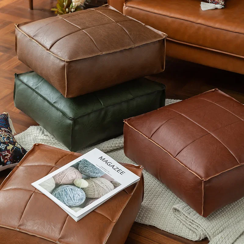 Moroccan PU Leather Pouf Floor Cushion Oil Wax Skin Embroider Craft Ottoman Footstool Futon Artificial Leather Unstuffed Cushion