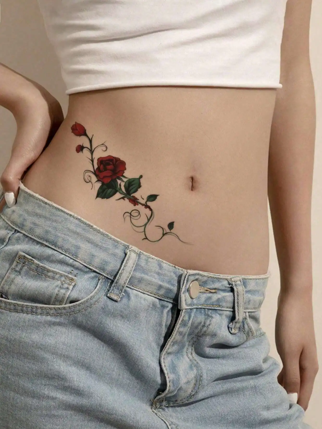 

STARTTOOS 1 шт. временная татуировка-наклейка с красным цветком и зеленым листом для руки, запястья, боди-арта