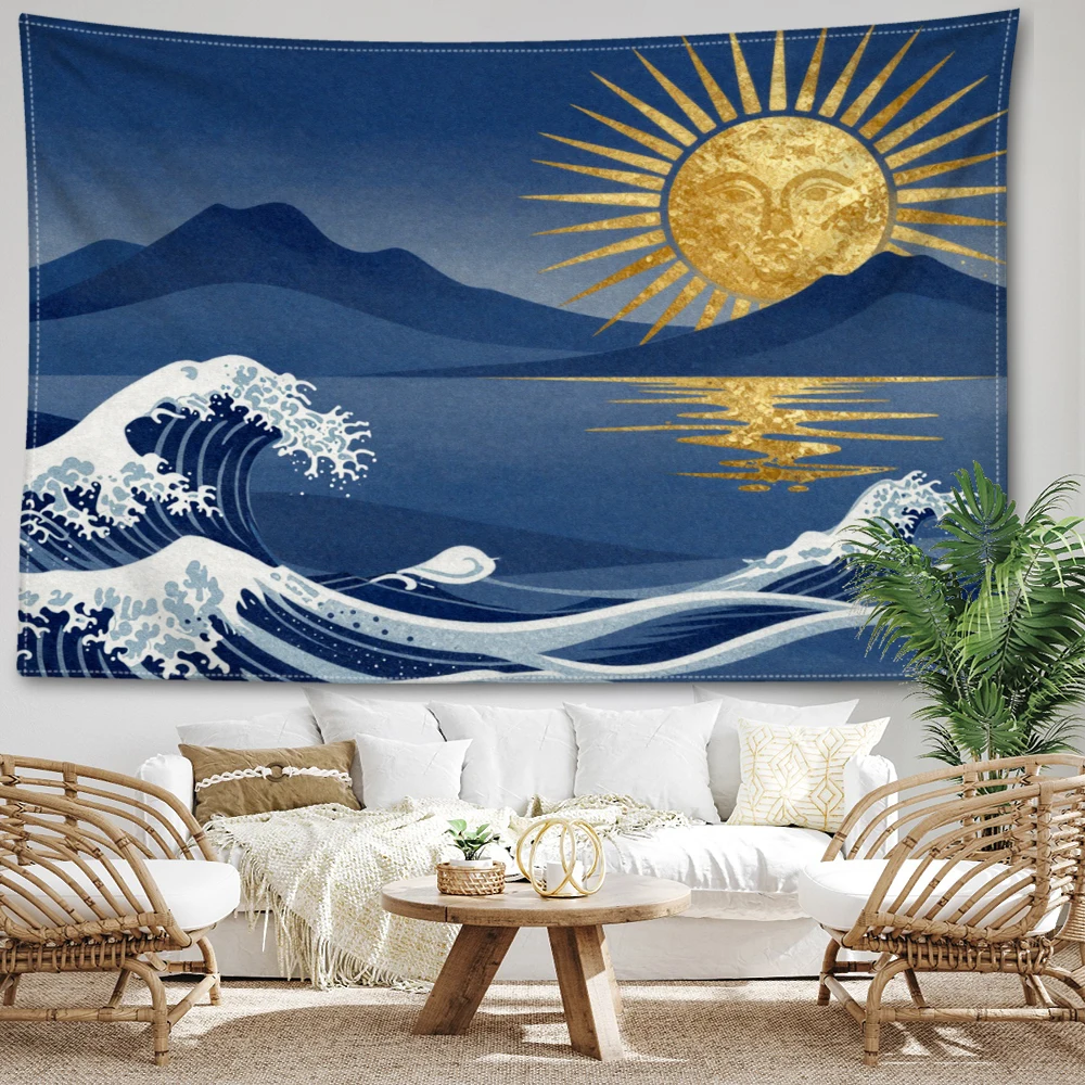Deep Blue Sea Wave Sun Distant Mountains Wall Tapestry, Boho Decor