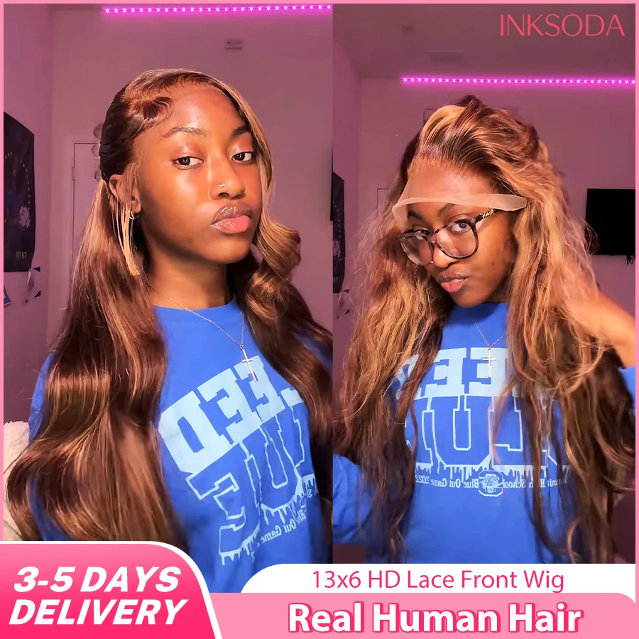 

220% Density 40 Inch 13x6 HD Lace Front Human Hair Wigs Highlight P4/27 Honey Blonde Wig Body Wave Lace Frontal Human Hair Wig