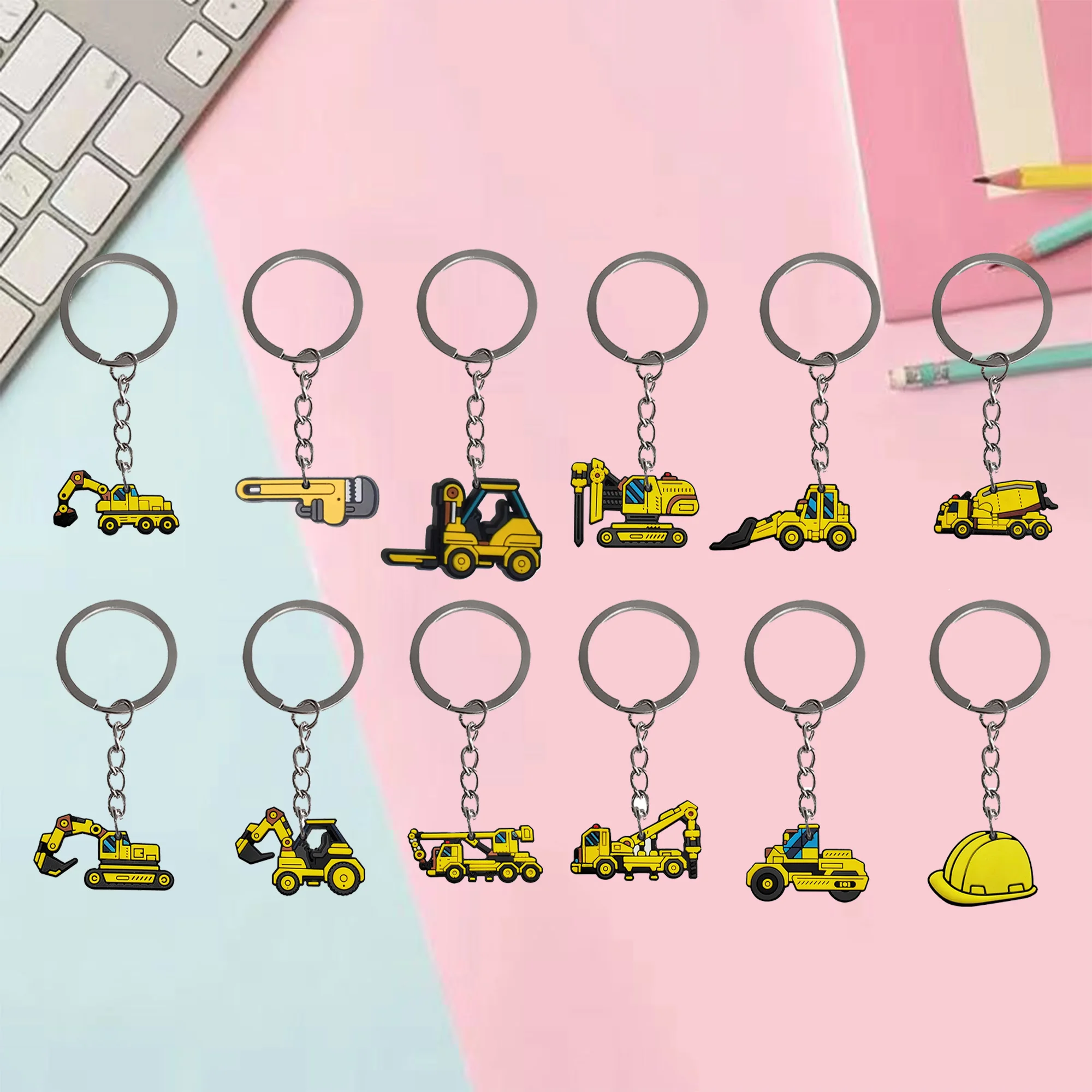 1-12Pcs Engineering Vehicle Helmet Bag Hanging Pendant Digger Keyrings Man Popular PVC Key Chains Accessories