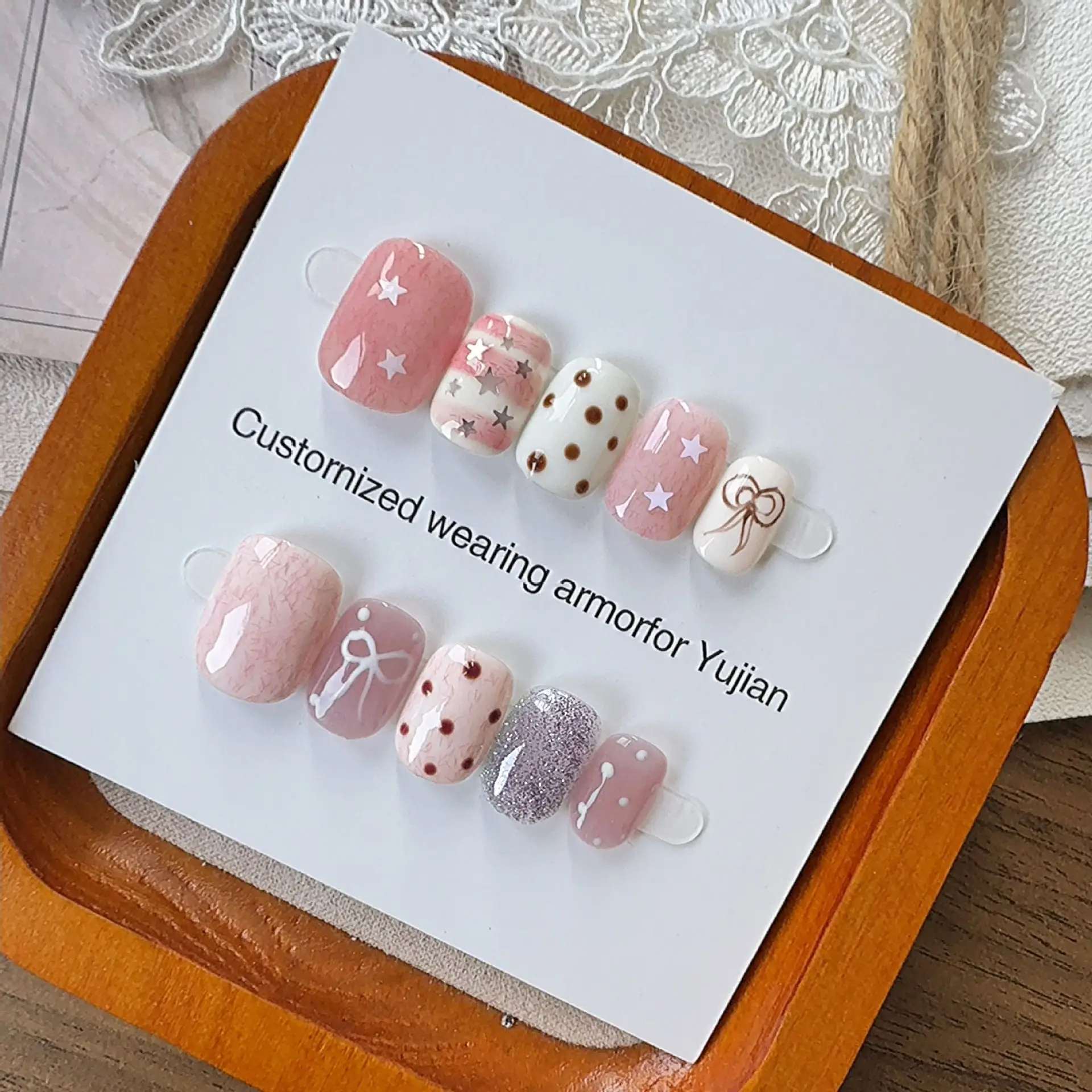 10Pcs Full Cover Sweet Pink Handmade Press On Nails Hand Painted Cute Cat False Nails 3D Stereo Flower Design Reusable Nail Tips
