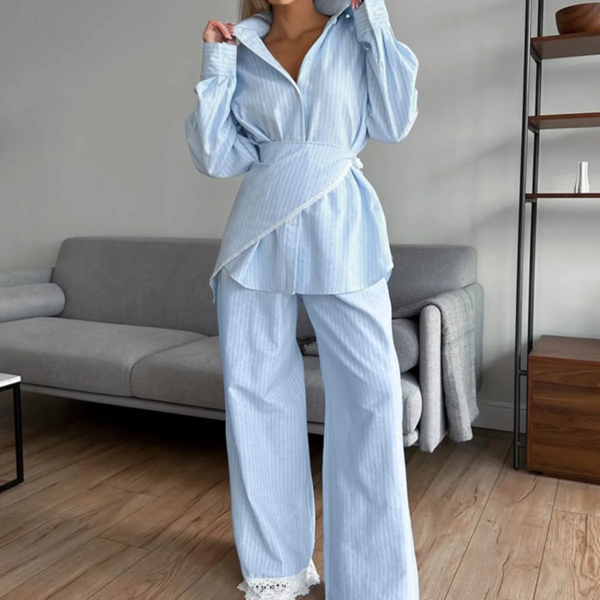 

KT 2026 New Women Striped 2 Piece Set Button Down Oversized Shirt & Lace Trim Wide Leg Pants Casual Lounge Streetwear Matching