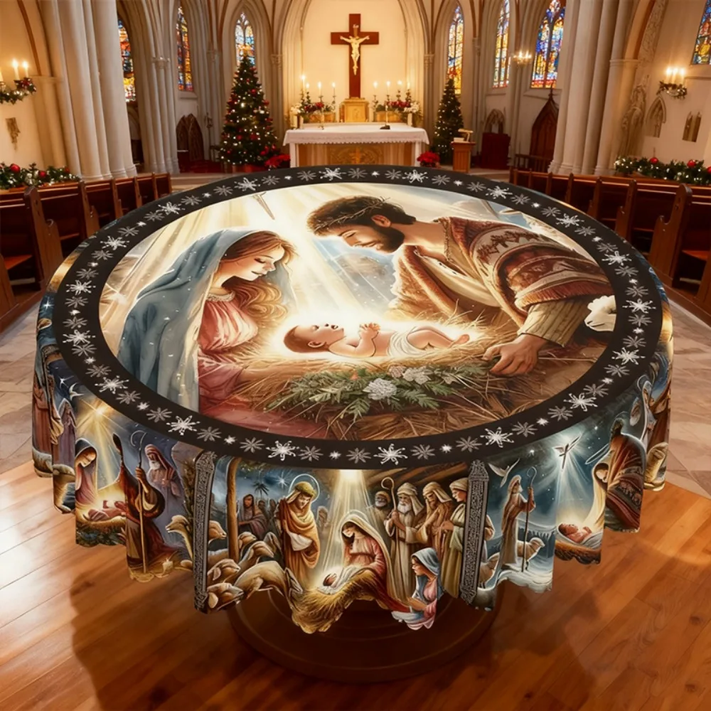 Christmas-Themed Tablecloth Vintage Country Farmhouse Style Nativity Scene for New Year's Gatherings Xmas Kitchen Accessories