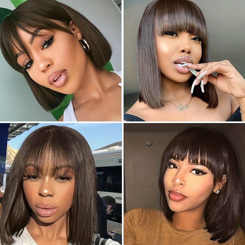 Malaysia Short Straight Hair Bob Wigs Non Lace Glueless Bob Wig Human Hair Wig With Bangs Remy Full Machine Made Wig for Women