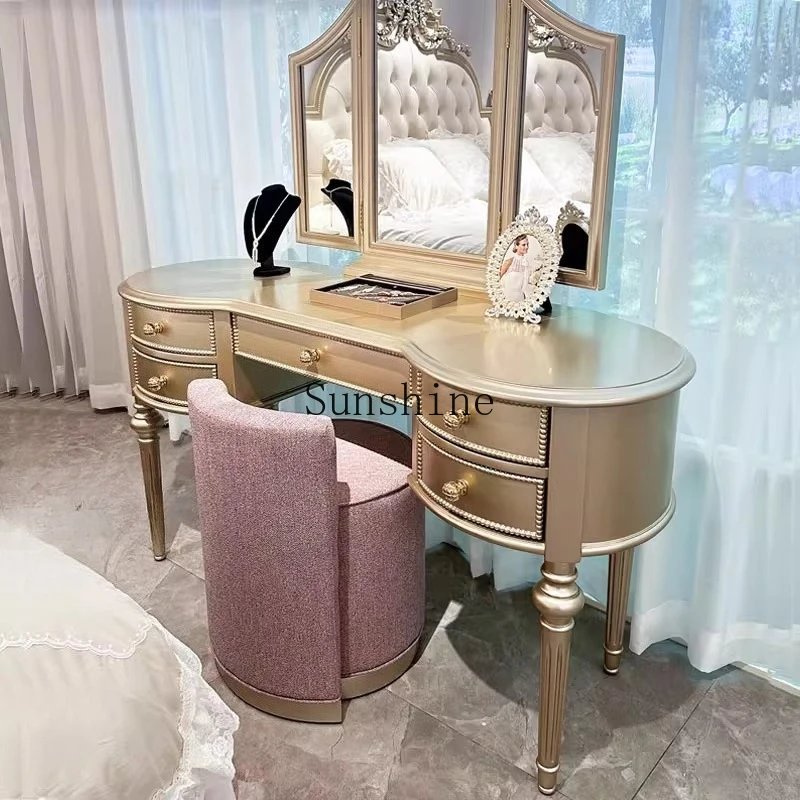 

American light luxury champagne dressing table bedroom folding mirror dressing table makeup stool