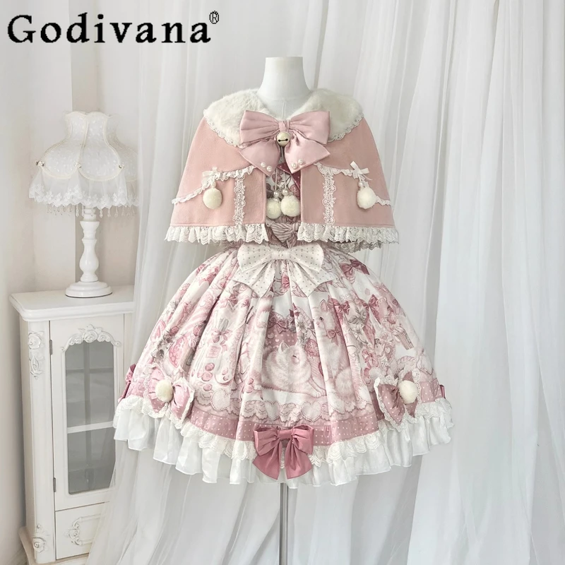 

Original French Elegant Court Style Princess Dress Capes Set Autumn Winter New Women's High Waist Slim Sweet Bow Lolita Dress