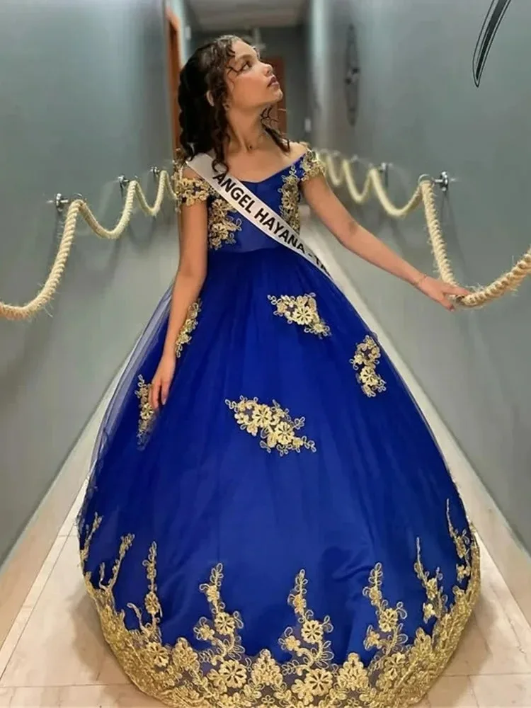 Królewska Niebieska Sukienka dla Druhny z Koronkowymi Aplikacjami, Odkryte Ramiona, Sukienki na Konkursy Piękności dla Dziewczynek, Długa Sukienka na Urodziny, Szyta na Miarę