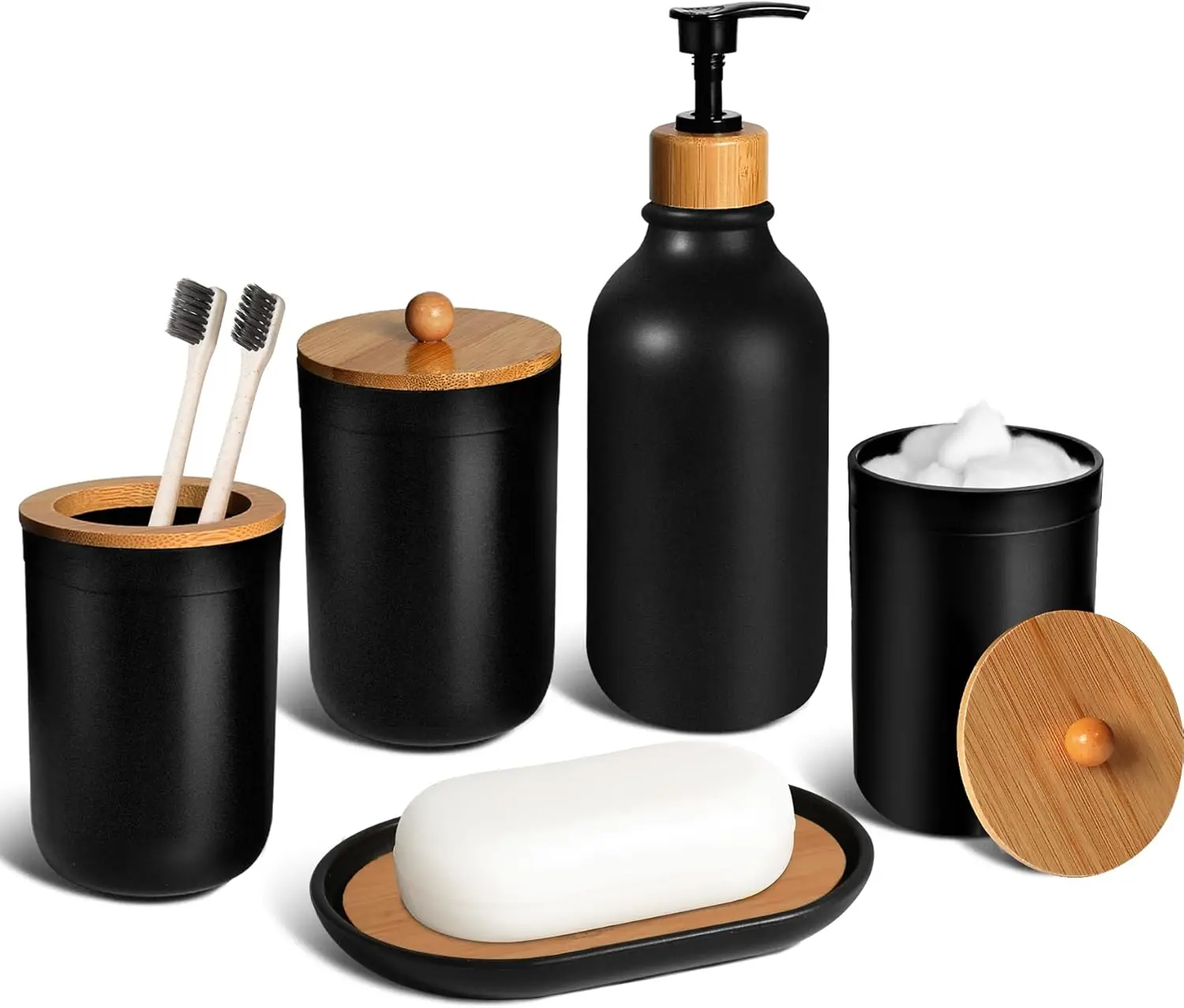 

Matte Black Bathroom Accessories Set: 5-Piece Plastic Soap Dispenser, Toothbrush Holder, Soap Dish, Cotton Swab Jar - Boho Decor