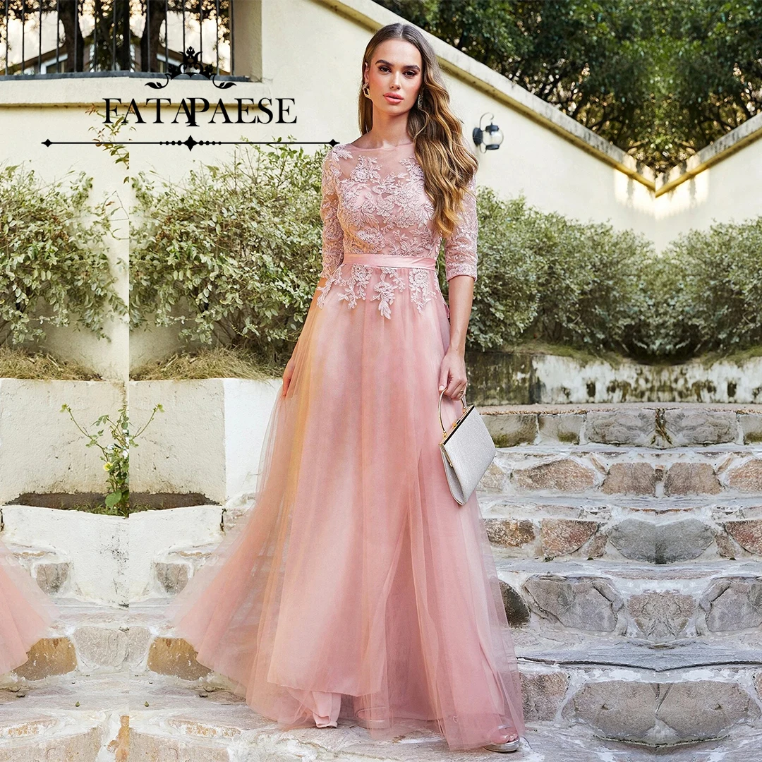 FATAPAESE Bridesmaid Dress Illusion Lace Appqulies Bodice BacklessTulle Chiffon Skirt Long Maxi Elegant Wedding Gowns