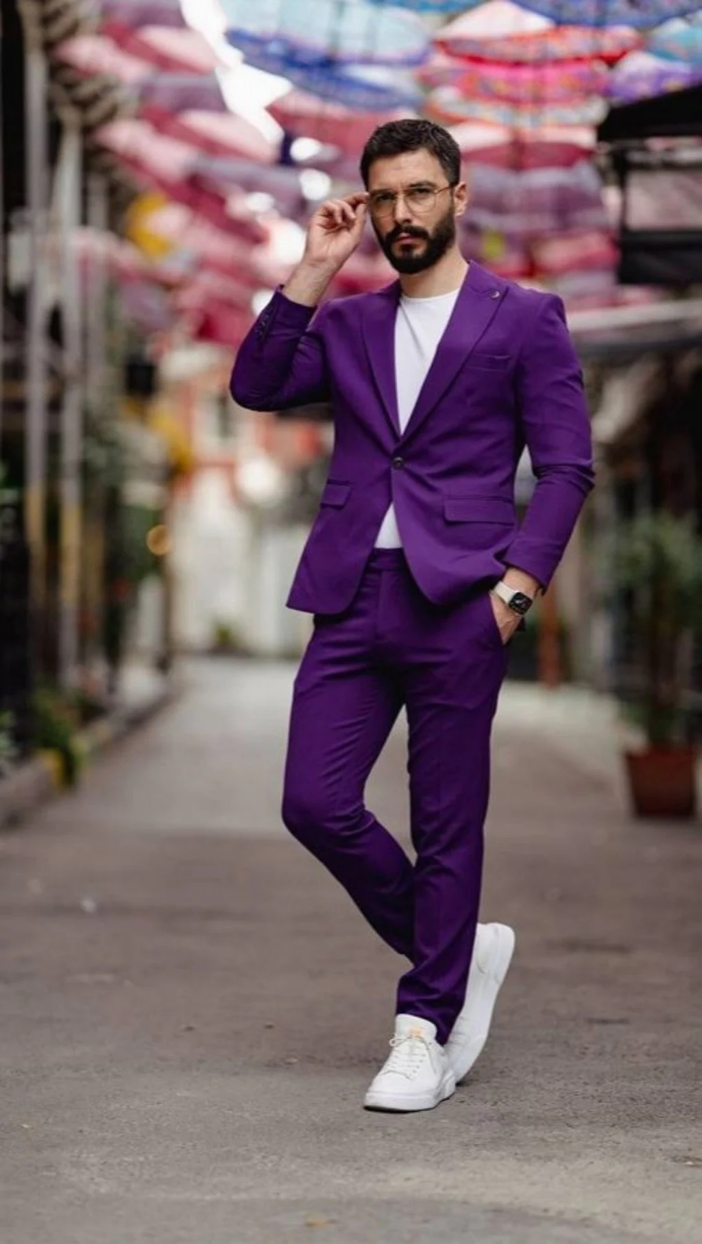 Purple Men\'s Business Daily Formal Party Leisure Suit Two-Piece One Button Peak Lapel Blazer Pants Groom Tuxedos