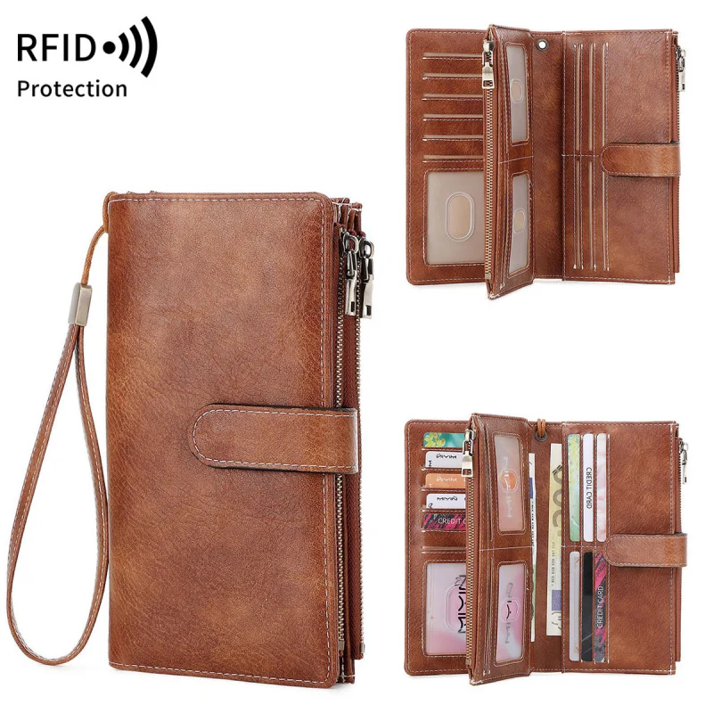 

New RFID Three Fold Long Wallet, Multifunctional Women'S Clutch Wallet, Solid Color Portable Large Capacity Handbag