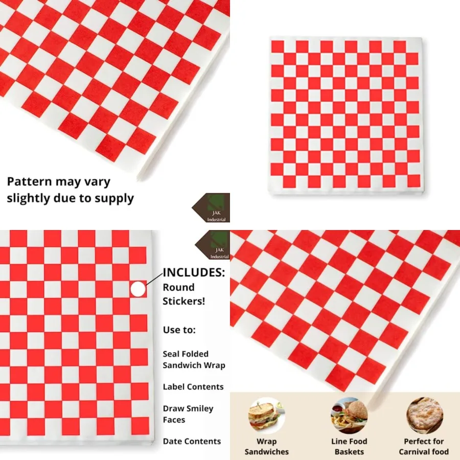 

1000 Sheets of Red and White Checkered, Grease - Resistant, Basket Liners/Deli Paper with Round Labels