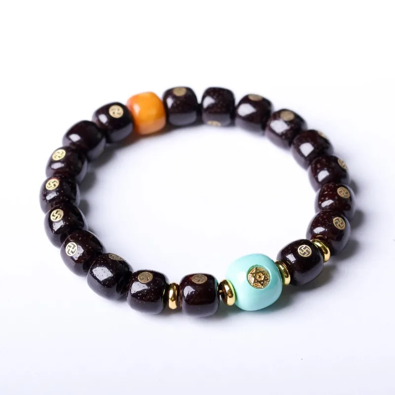 Cinnabar Offering Moon Star Bodhi Inlaid Swastika Bracelet Ethnic Style Bone Beaded Bracelet Gifts