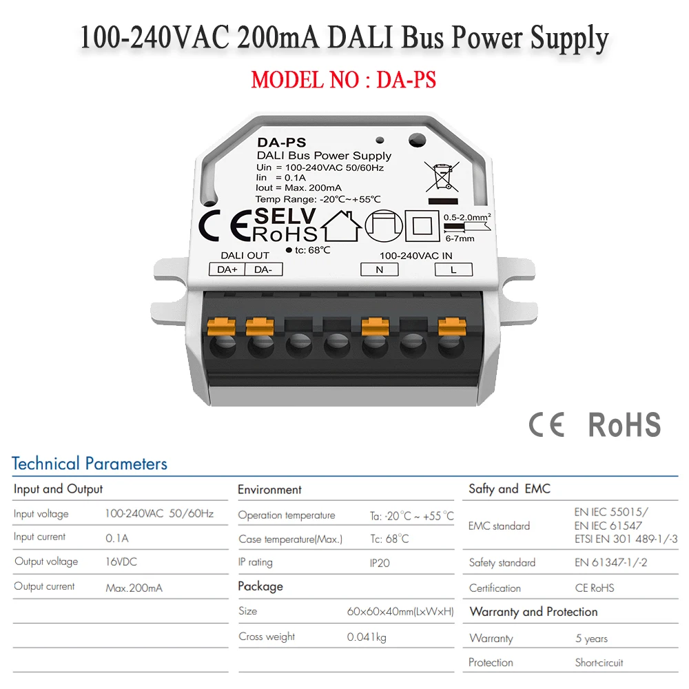 CENFAYA Mini DALI Bus Power Supply DA-PS AC110V 220V 230V Current 200mA SELV Safety Standard Applied to DALI Bus Power Supply
