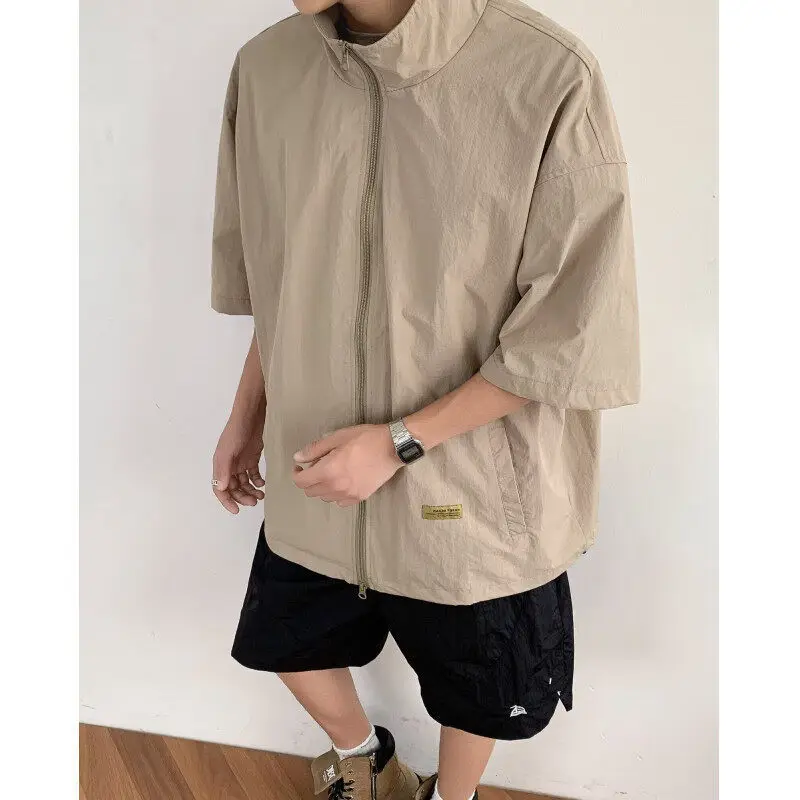

Summer Short Sleeved Shirt Men Khaki Casual Shirt Men Japanese Streetwear Loose Zipper Shirt Mens Fashion Shirts M-2XL