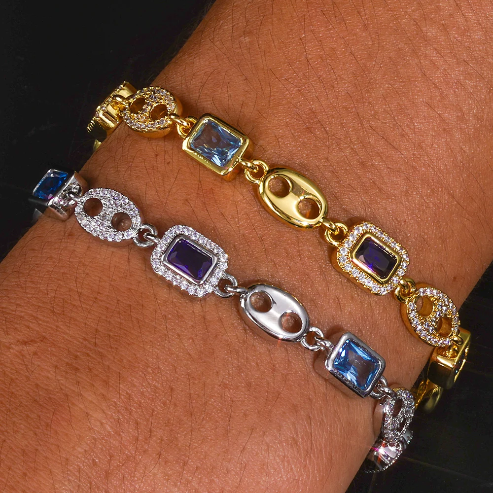 ESKEEM 8MM Gemstone Iced Out Pig Nose Bracelet New Blue Cubic Zirconia Cuban Link Bracelet Hip Hop Jewelry
